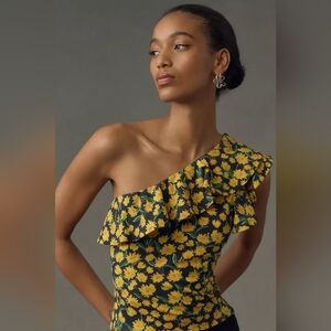 NWT Anthropologie Maeve One-Shoulder Ruffled Floral Yellow Black Top